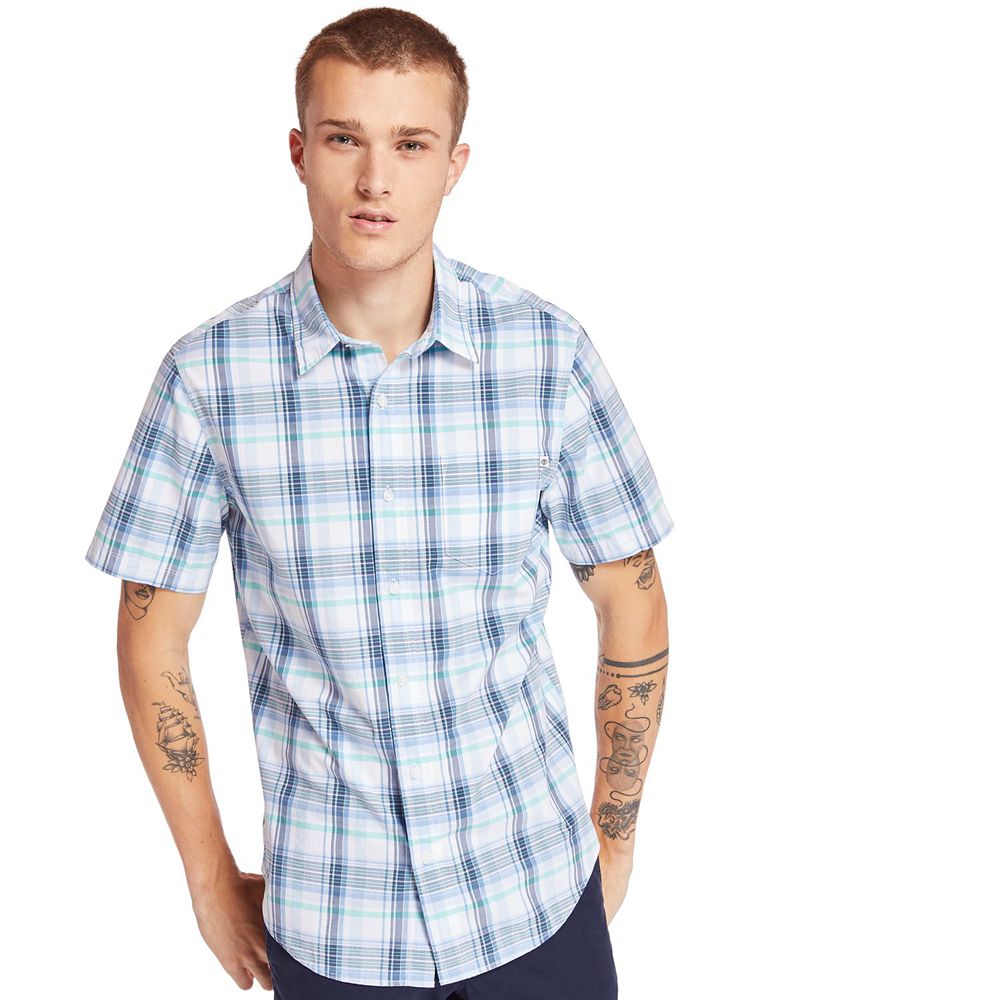 Camisa Timberland Hombre Short-Sleeve Indian River Madras Azules/Blancas - Chile MVY-125640